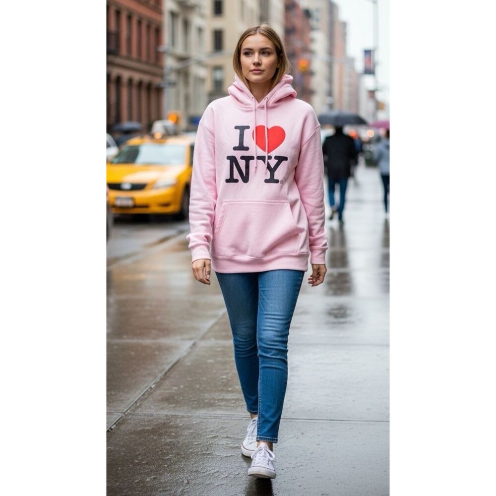 I Love NY Official pink womens hoodie drawstring red heart Large travel